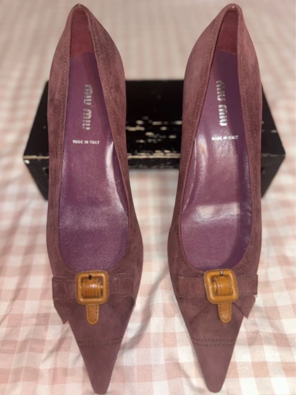 Miu Miu Vtg Plum Dusty Burgundy Suede Leather Buckle Bow Kitten Heels Sz. 37 1/2